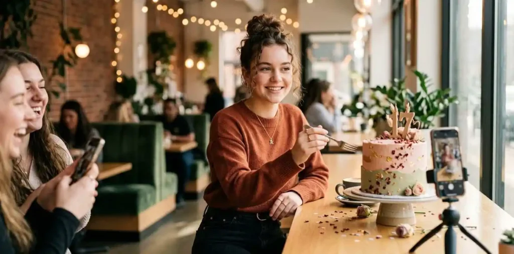 Teen posing with birthday cake indoors