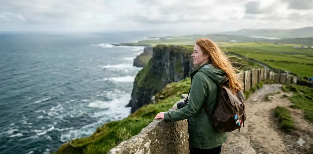 Traveler admiring Irish countryside cliffs