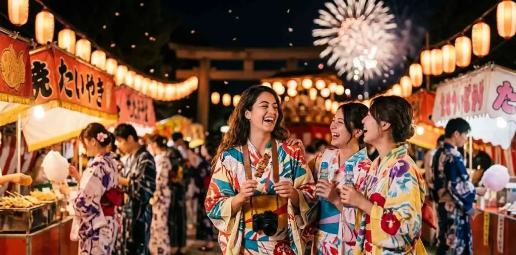 Friends enjoying a vibrant Japanese summer festival
