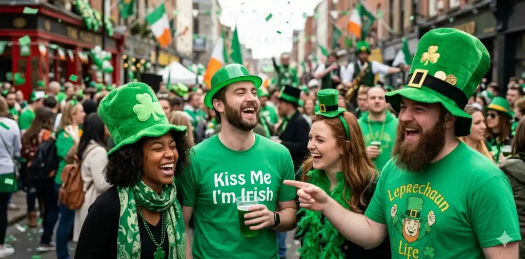 Friends laughing during festive Irish celebration