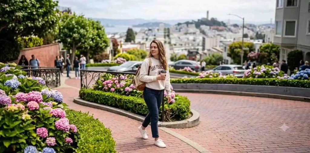 Traveler walking beside Lombard Street gardens