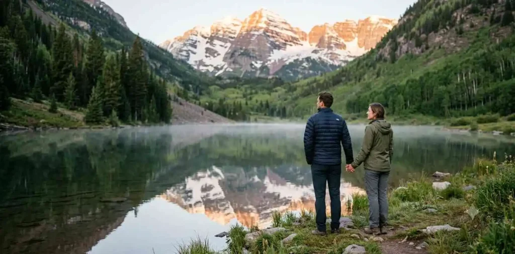 Couple admiring reflection lake at Maroon Bells