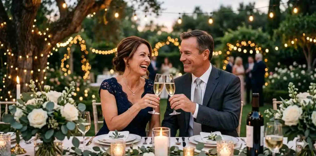 Couple celebrating anniversary with joyful smiles