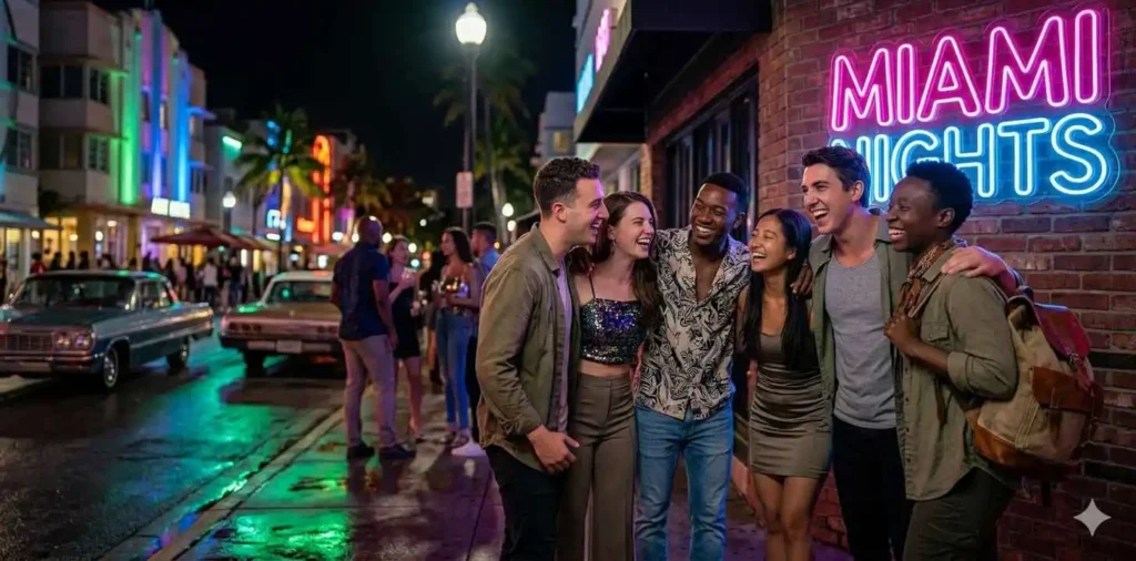 Friends enjoying vibrant nightlife in Miami