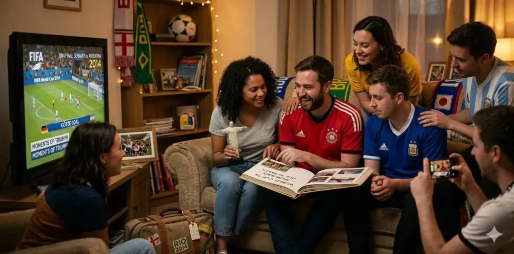 Friends watching old football memories together