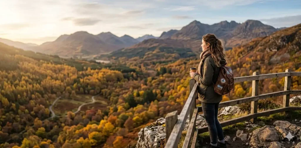 Traveler admiring mountain scenery in autumn