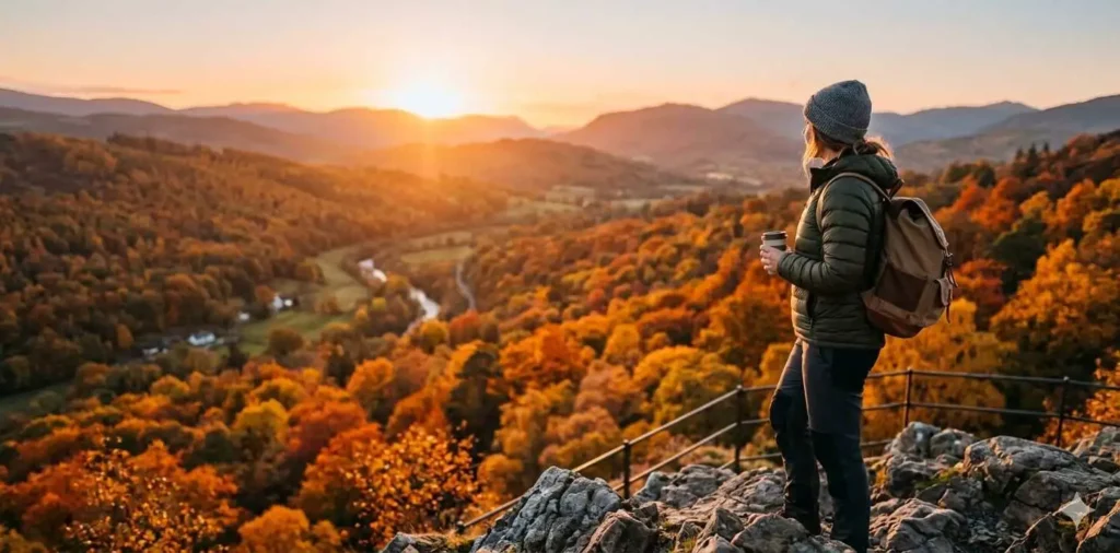 Traveler admiring colorful mountains during autumn