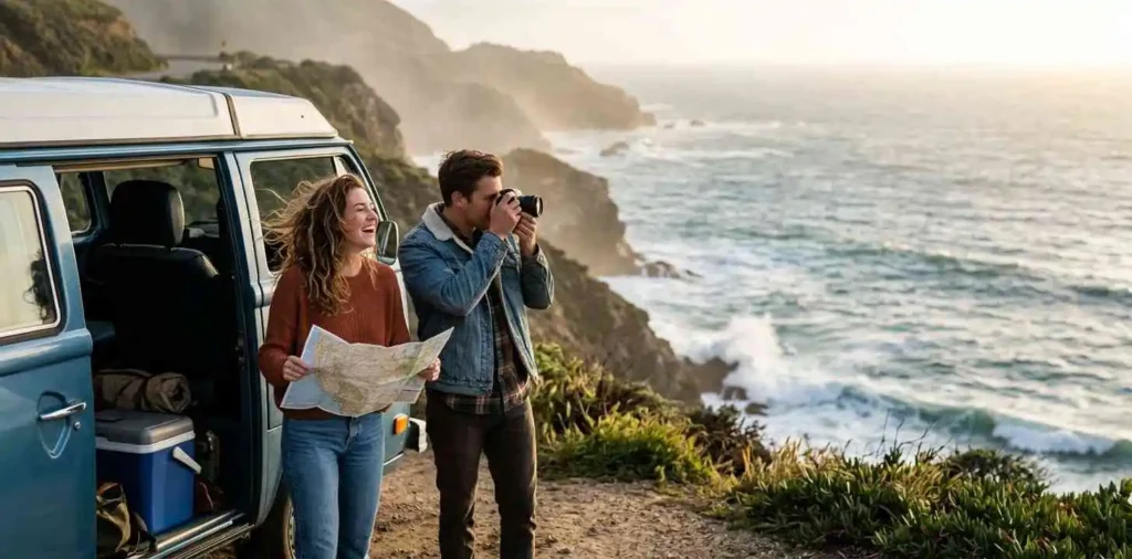 Friends enjoying sunset on coastal road trip