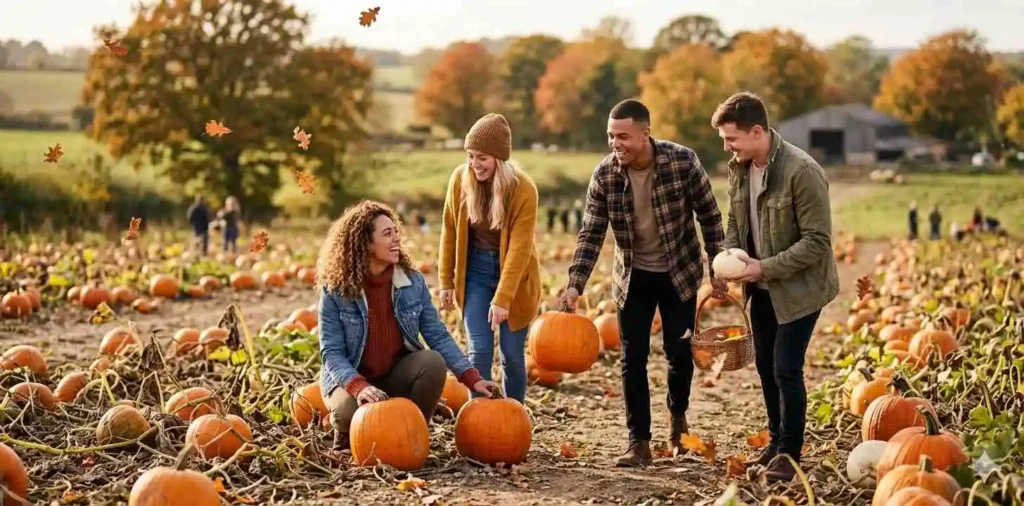 Friends choosing pumpkins in a sunny field