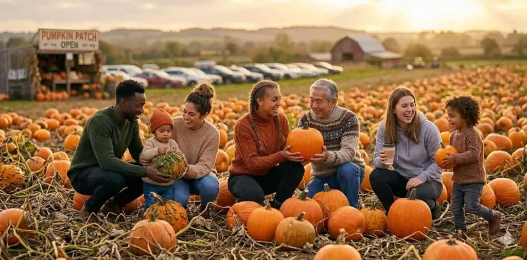 Family choosing pumpkins in autumn field