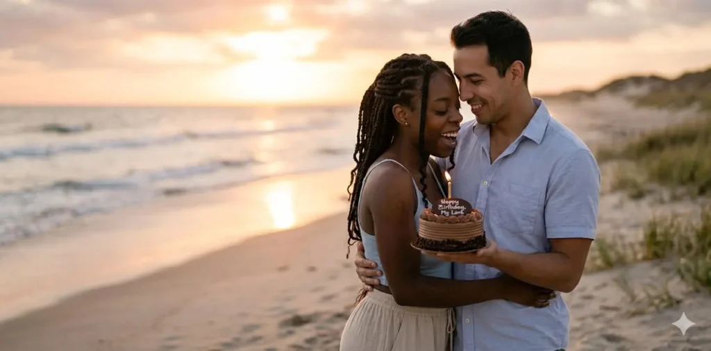 Couple celebrating birthday together at sunset