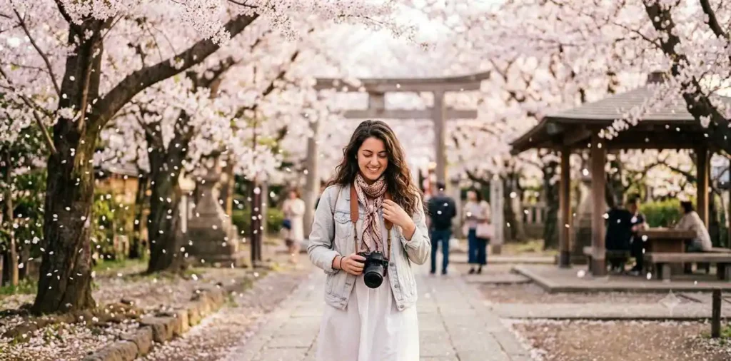 Friends walking beneath blooming cherry blossom trees
