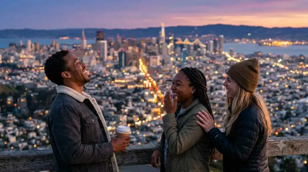 Friends admiring city skyline at sunset