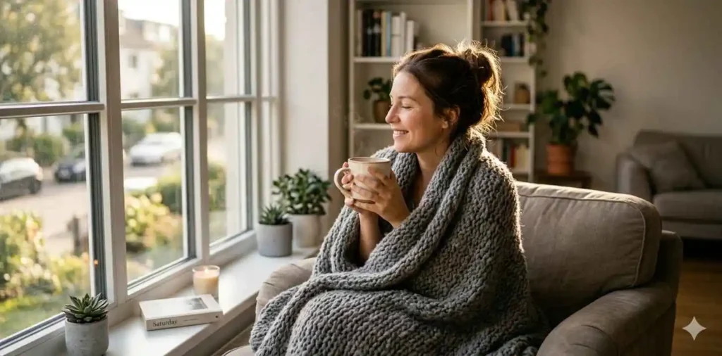 Woman relaxing with coffee by window
