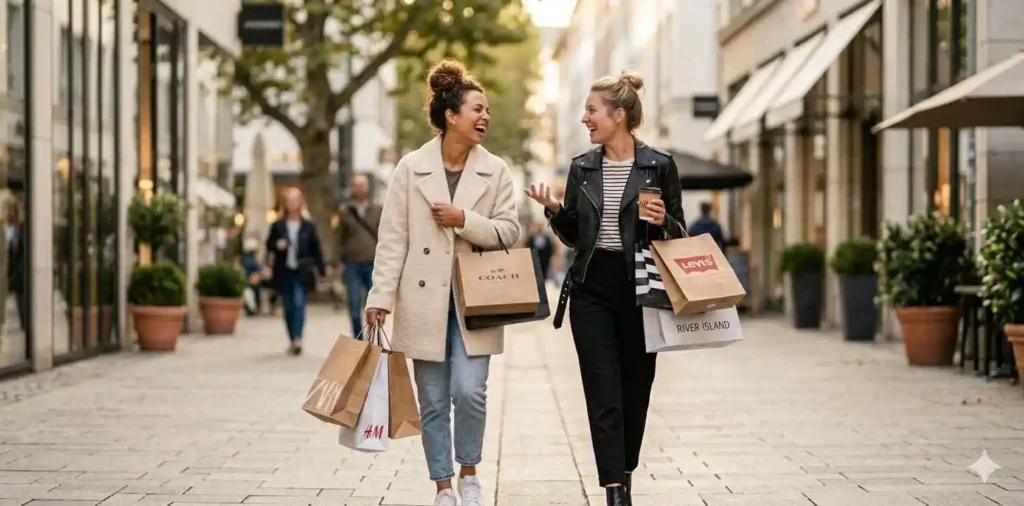 Friends carrying shopping bags downtown