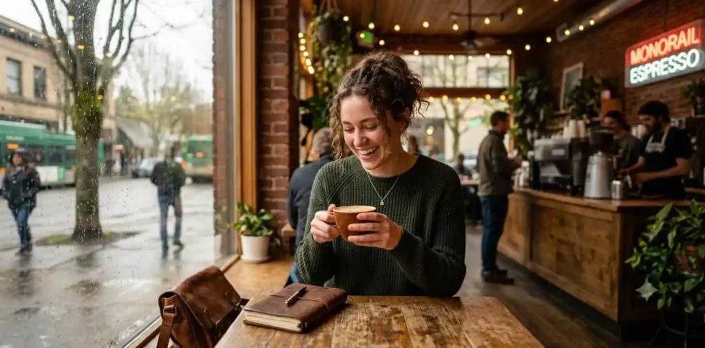 Woman enjoying coffee in a cozy cafรฉ