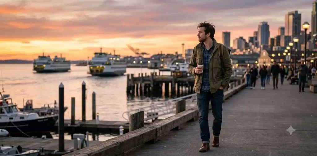 Traveler walking along Seattle waterfront at sunset