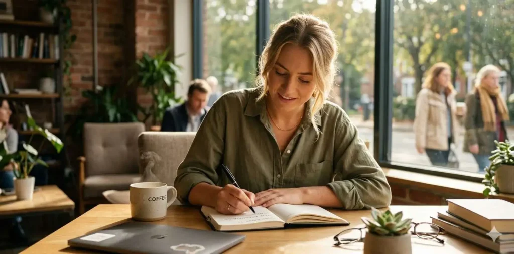 Woman journaling beside a bright window