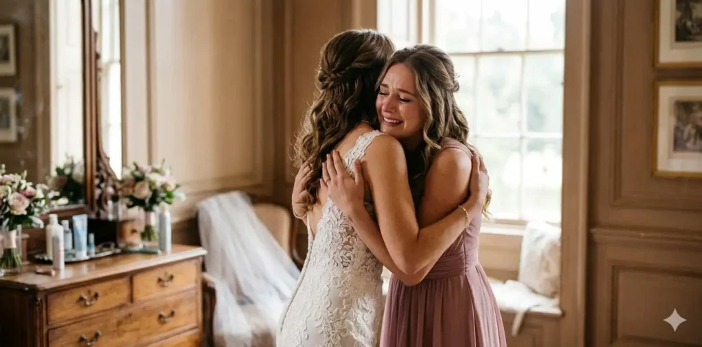 Bride hugging her sister before ceremony