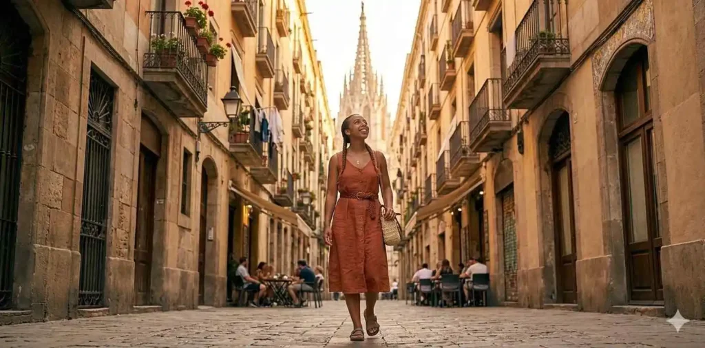 Traveler admiring Barcelona streets at sunset