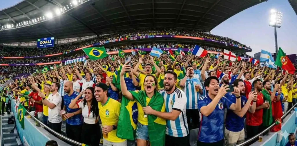Fans celebrating in a packed football stadium