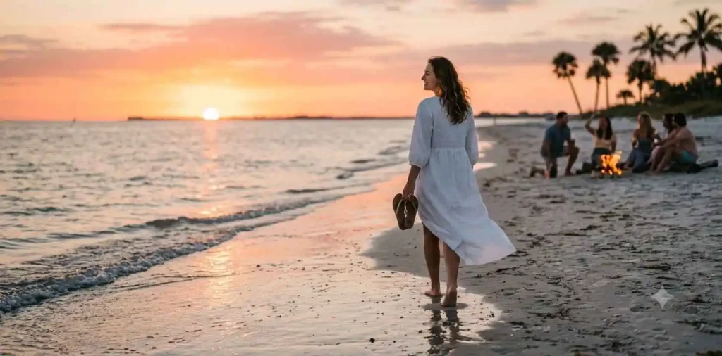 Woman watching sunset beside ocean waves