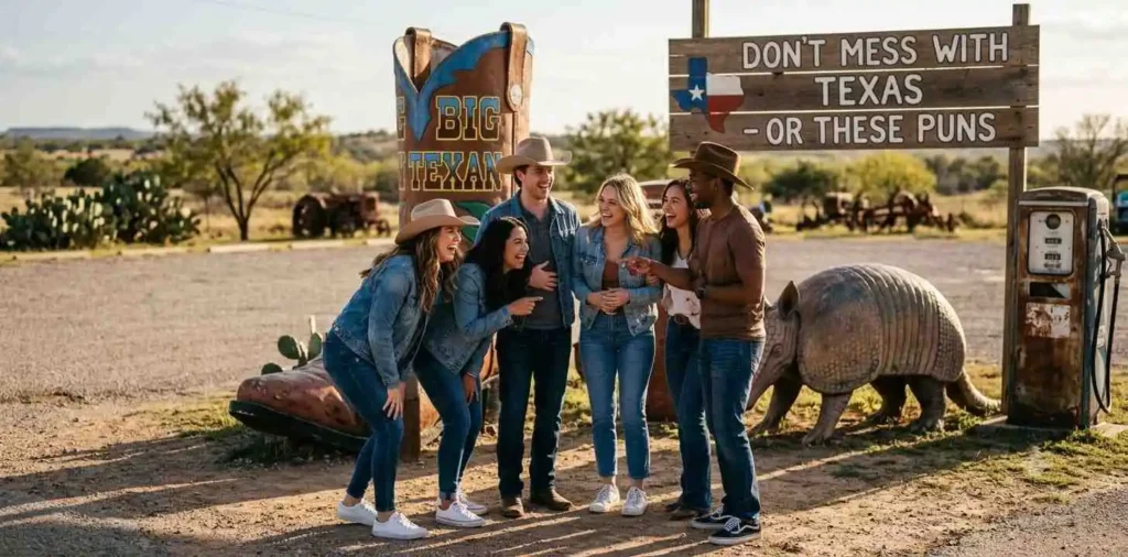 Friends laughing at a Texas roadside stop