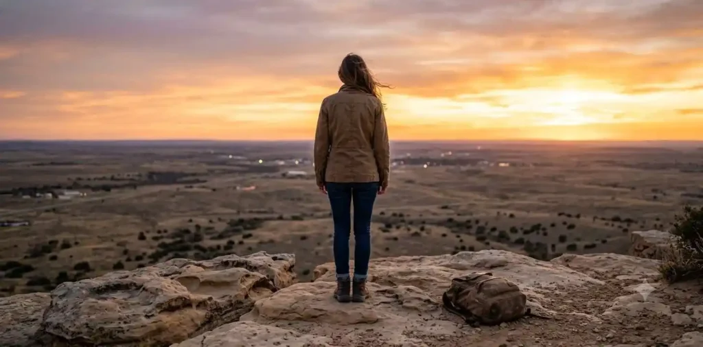 Traveler watching colorful sunset over open plains