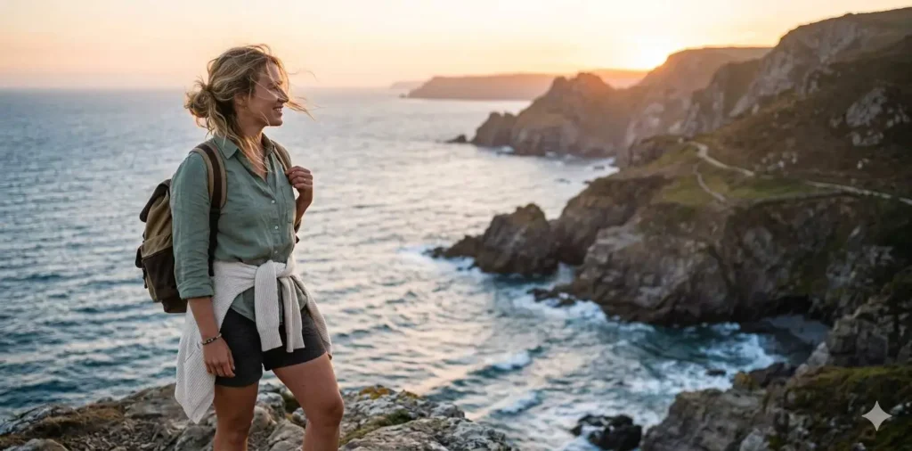 Traveler overlooking coastal cliffs at sunrise