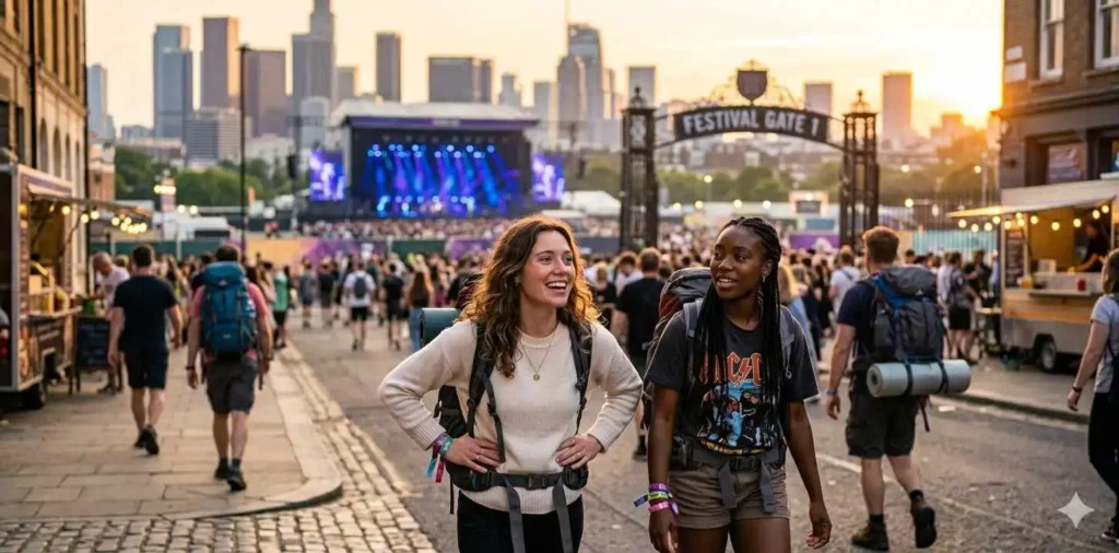 Friends arriving at music festival destination