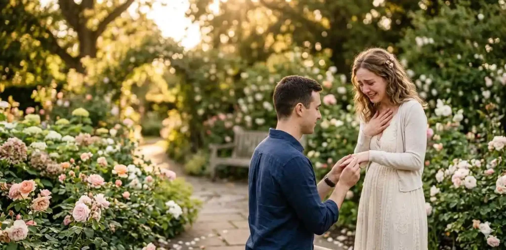 Couple showing engagement ring outdoors
