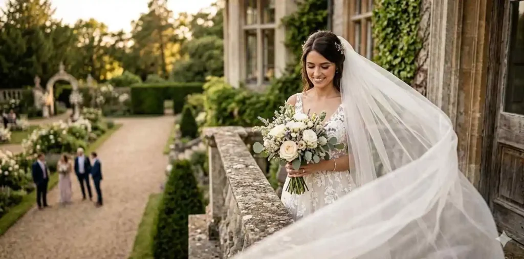 Bride holding bouquet beneath flowing veil