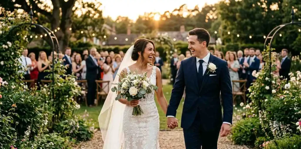 Bride and groom sharing joyful moment