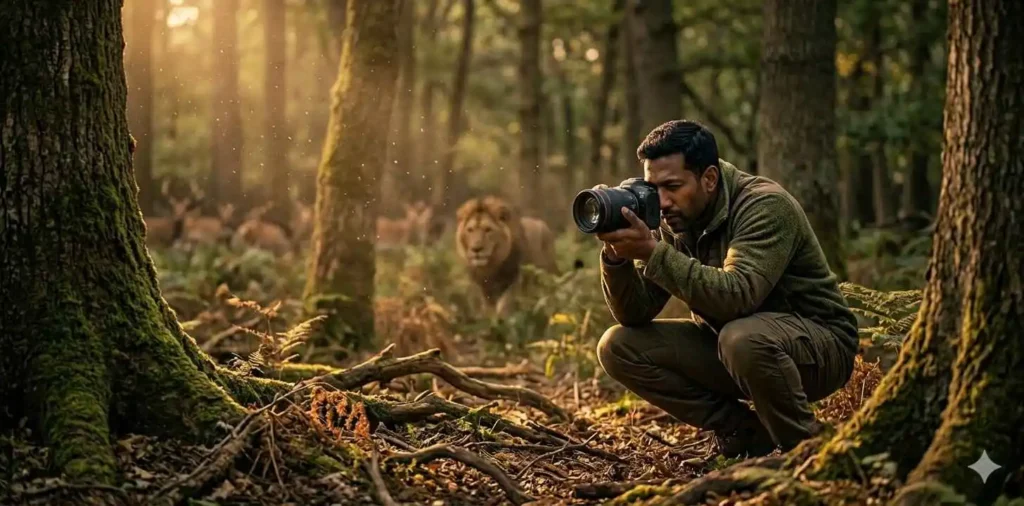 Photographer capturing wildlife in natural habitat