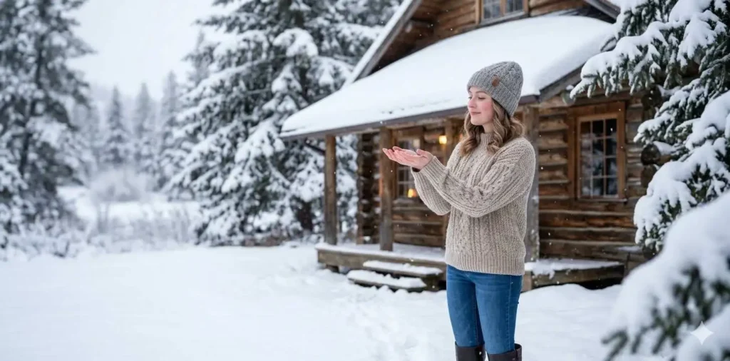 Woman enjoying snowfall beside cozy cabin