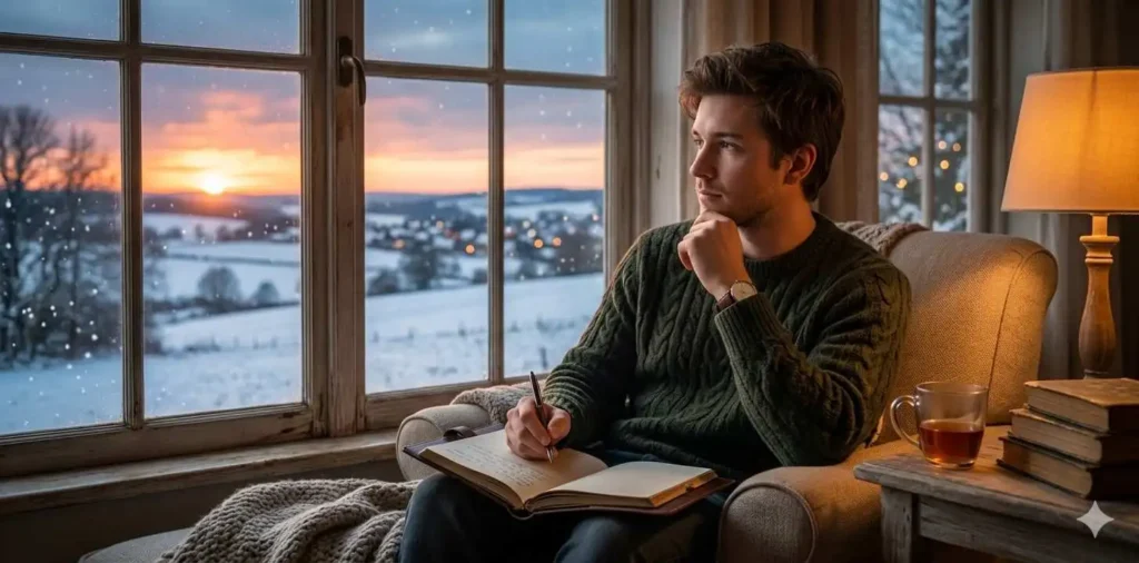 Man journaling by window at sunset