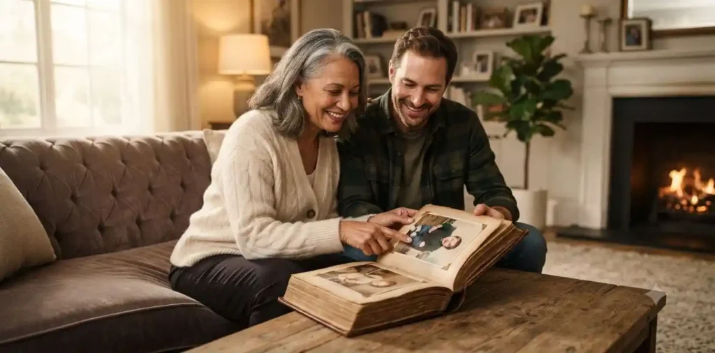 Parent and grown son viewing old family photographs