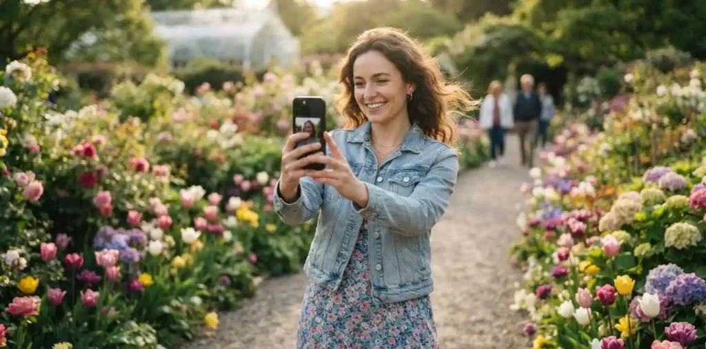 Young woman taking a smiling selfie outdoors