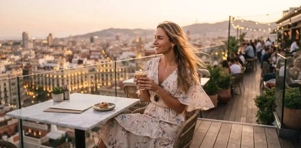 Woman relaxing with iced coffee at sunset