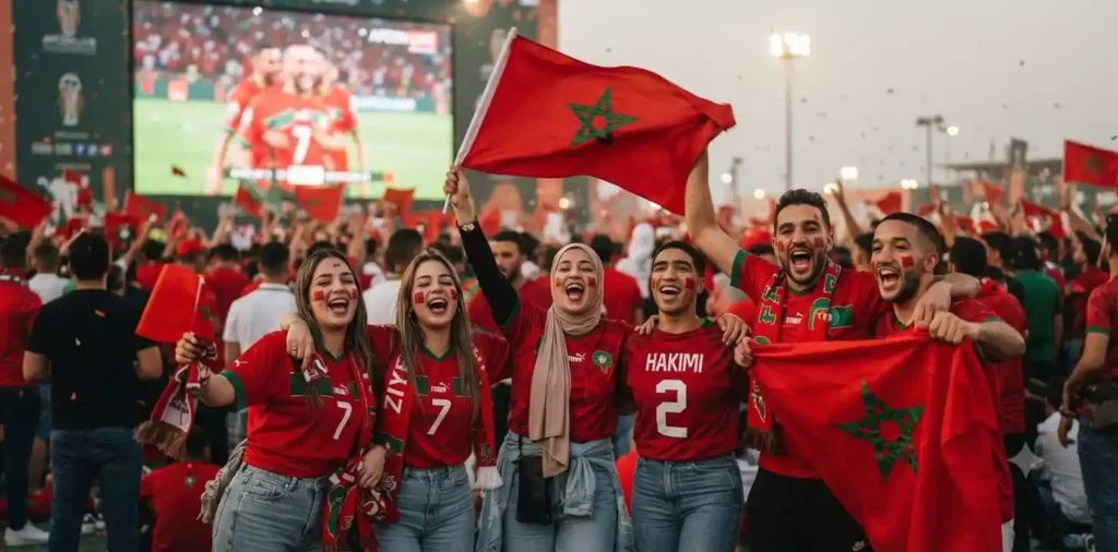 Friends supporting Morocco during an AFCON match