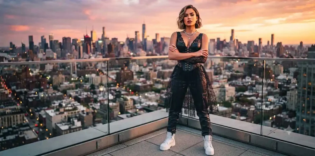 Confident person standing on an urban rooftop