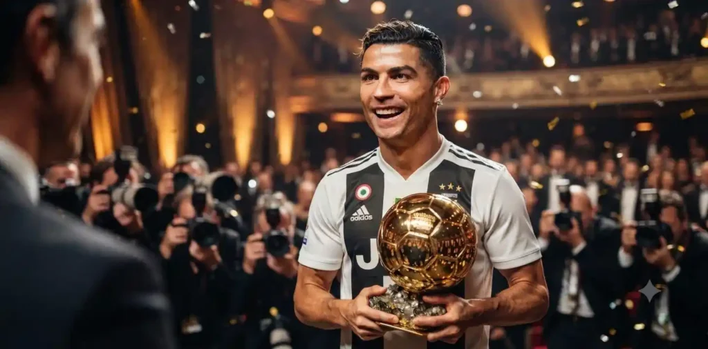 Football star holding a prestigious golden trophy