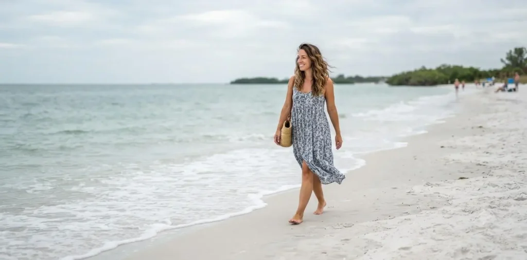 Woman walking along a quiet Tampa beach