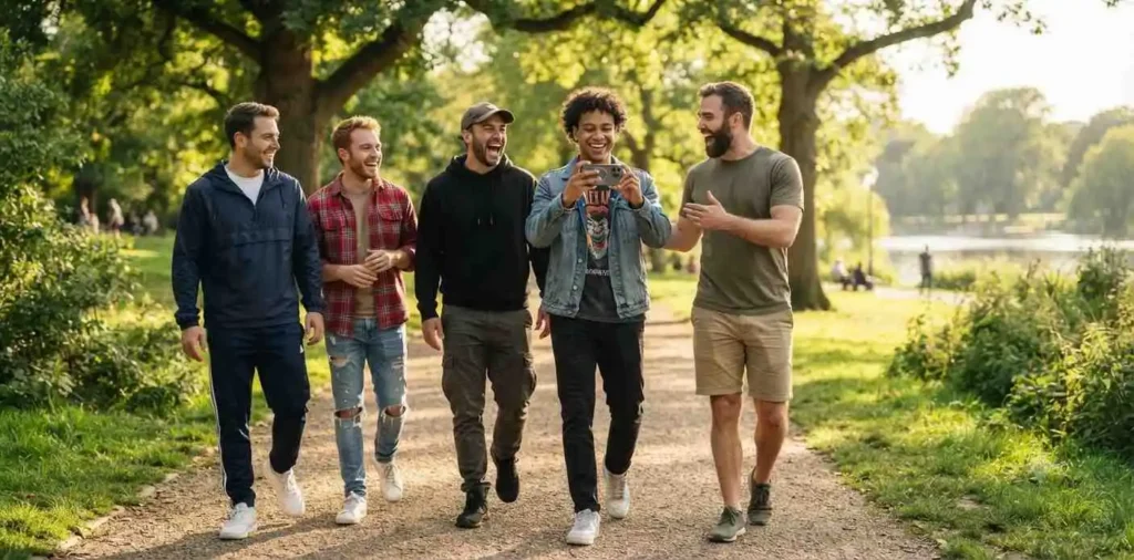 Group of friends laughing in a park