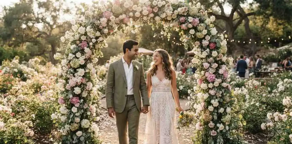 Bride and groom smiling beneath floral arch