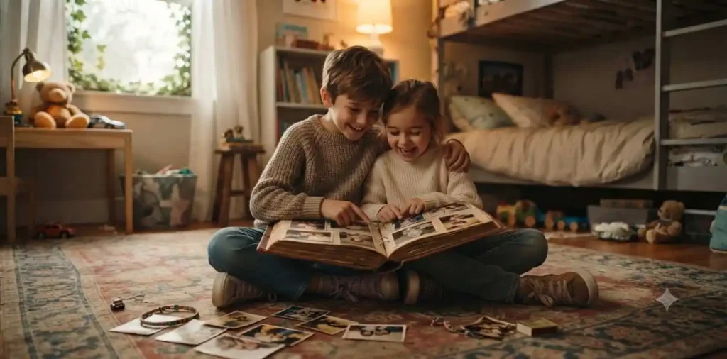 Young siblings drawing together on the floor
