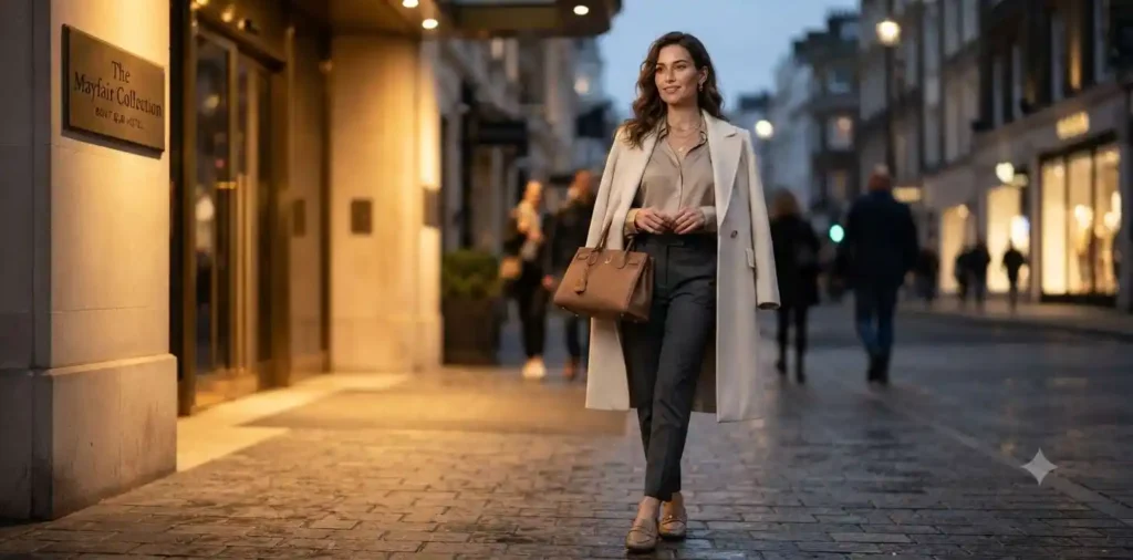 Elegant woman standing beside a luxury hotel entrance