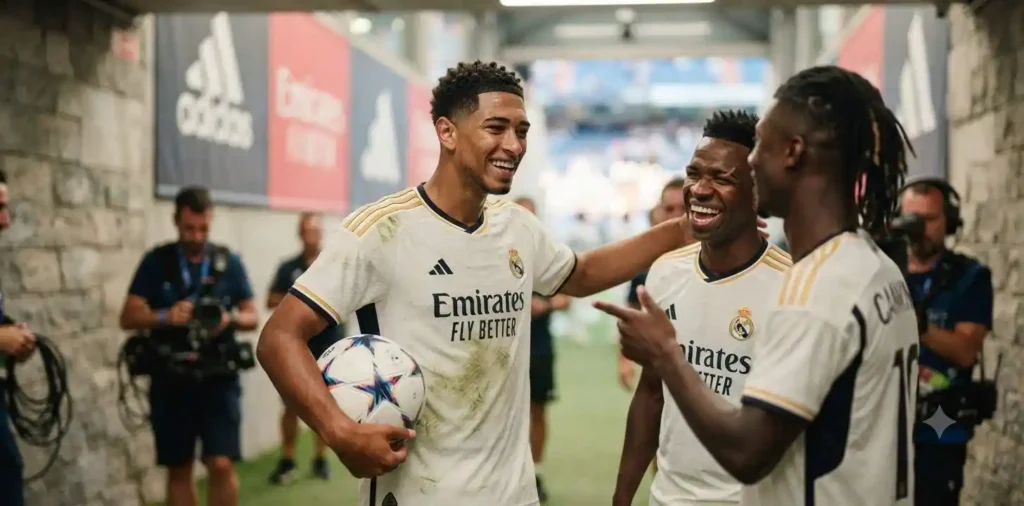 Football fan laughing with friends after a match