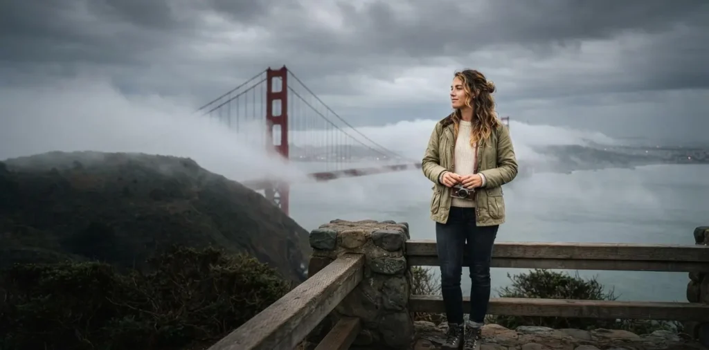 Traveler watching the fog around the bridge