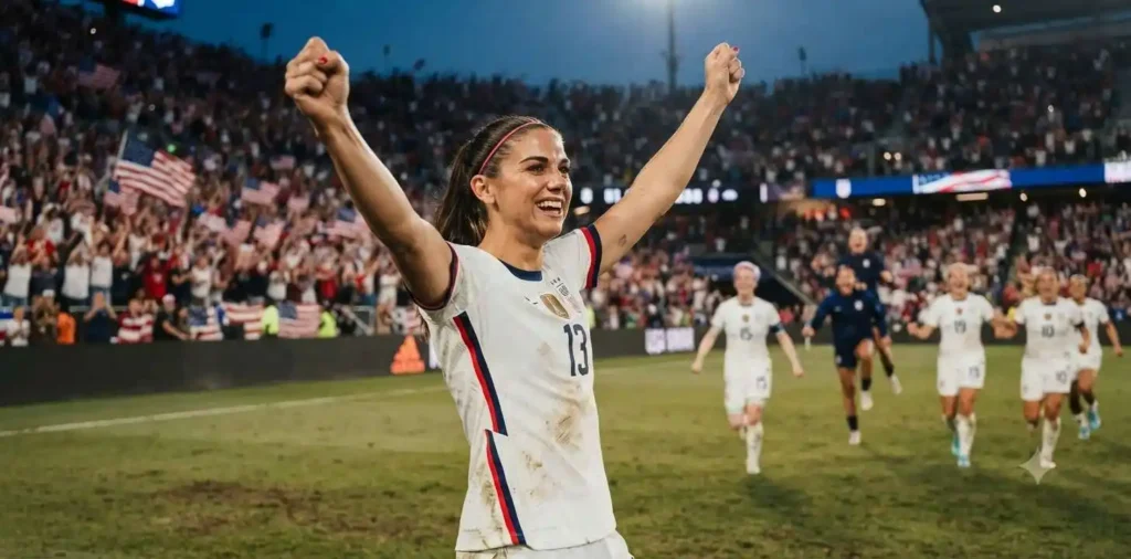 Female soccer player celebrating confidently after scoring